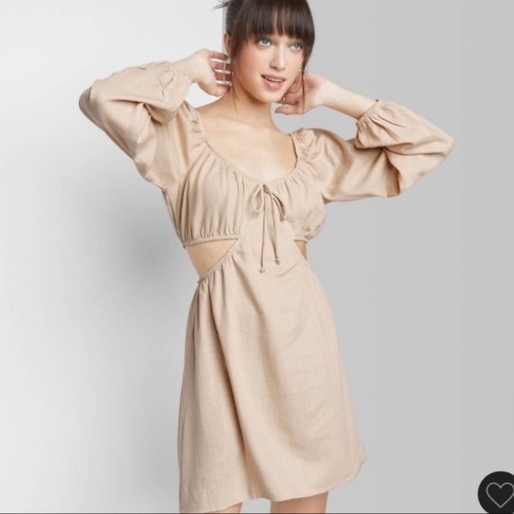 Wild Fable Cutout Mini Dress Tie Front Long Sleeve Casual Light Taupe L